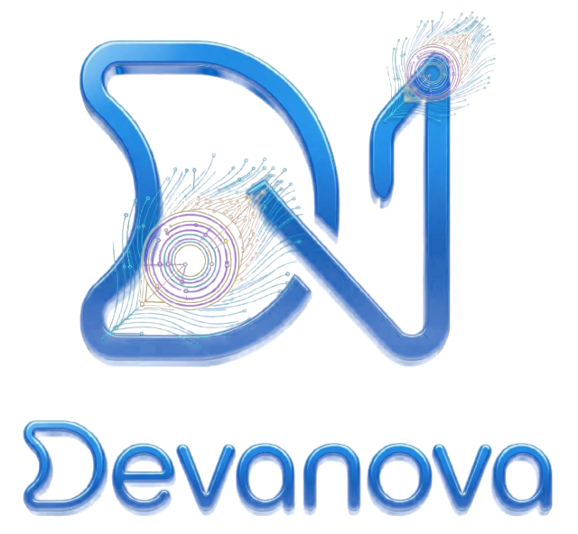 Devanova logo: DN monogram with peacock feathers and the name Devanova